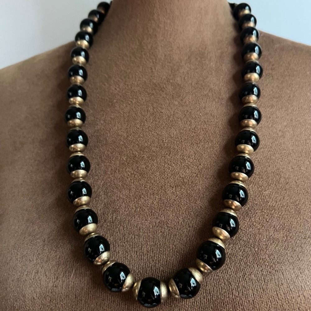 J Crew Black Glass Bead Gold Tone Spacer Ribbon Tie Necklace 40" Dark Academia